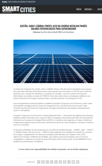 AZEITÃO, SADO E GÂMBIA-PONTES-ALTO DA GUERRA INSTALAM PAINÉIS SOLARES FOTOVOLTAICOS PARA AUTOCONSUMO